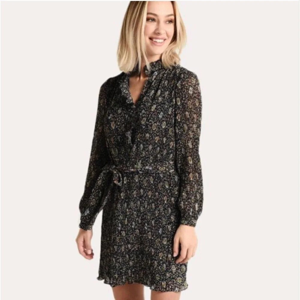 Tory Burch NWOT Deneuve Floral Print Soleil Dress in Navy Size 10 Long Sleeve